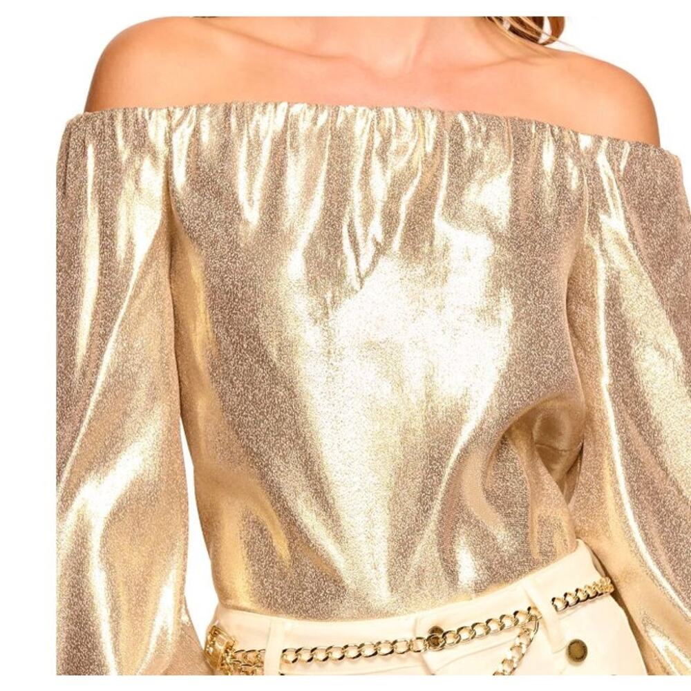 Ramy Brook Shimmering Esther Silk Lamé Off-Shoulder Blouse Gold Metallic XL $395 - Picture 3 of 5